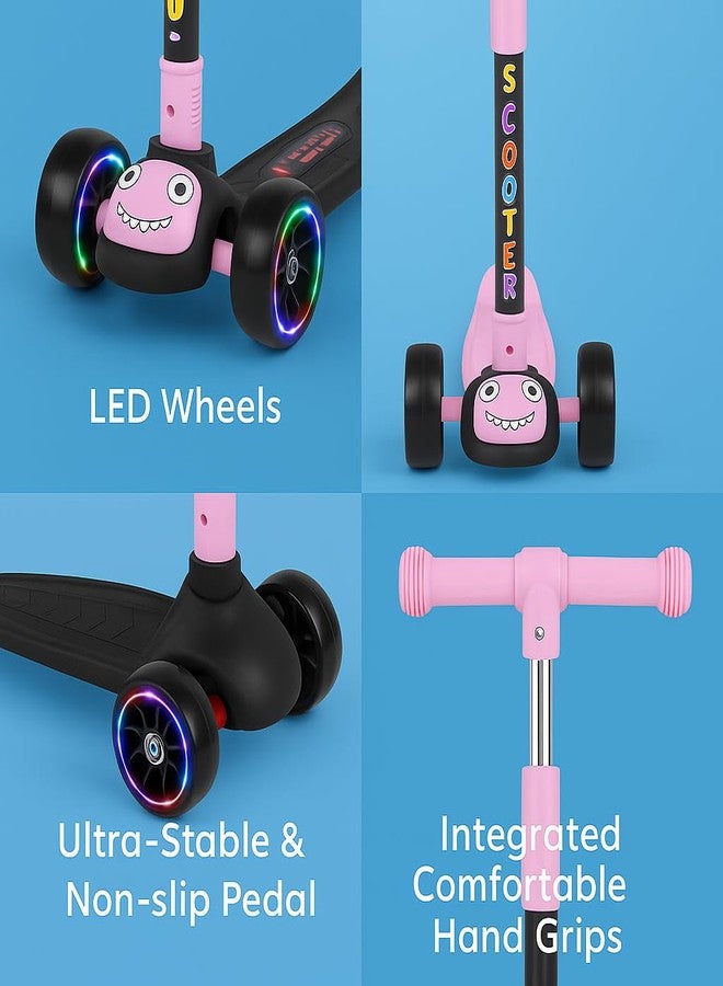 TOBY Kids 3-Wheel Scooter with Flash Wheels, Adjustable Height Handlebar, Foldable Design, Cartoon Face for Boys & Girls (Pink, Ages 3-8) - Image 2